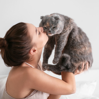 Femme qui embrasse un chat en le tenant dans ses bras
